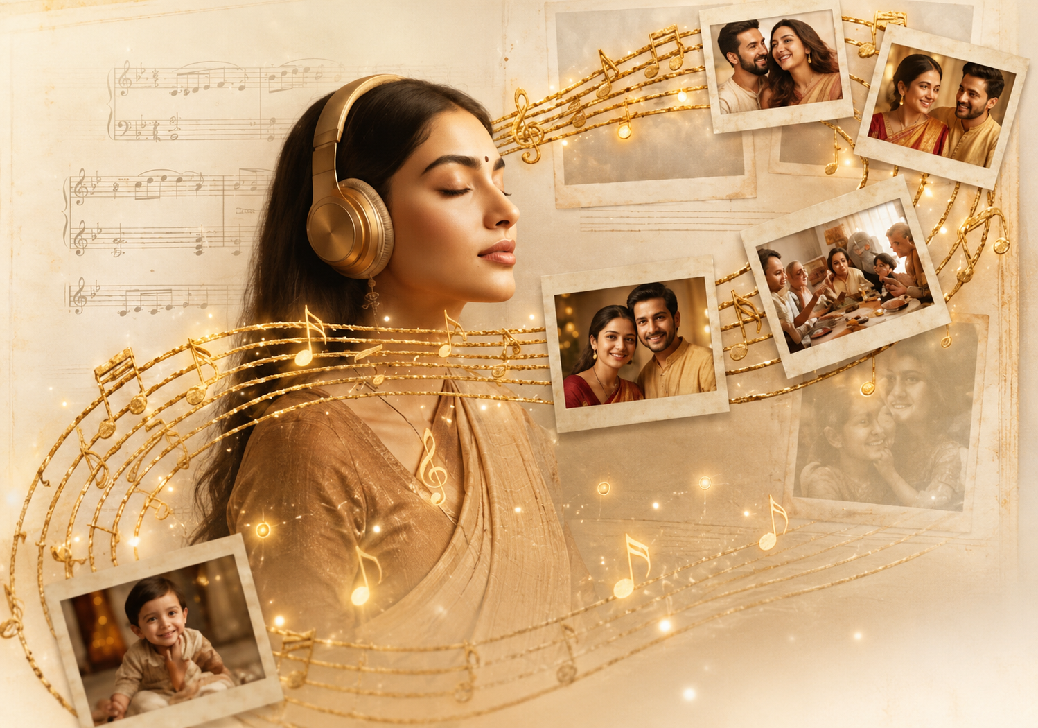 A woman listening to a FeelSay memory song, surrounded by floating polaroid memories and golden musical notes